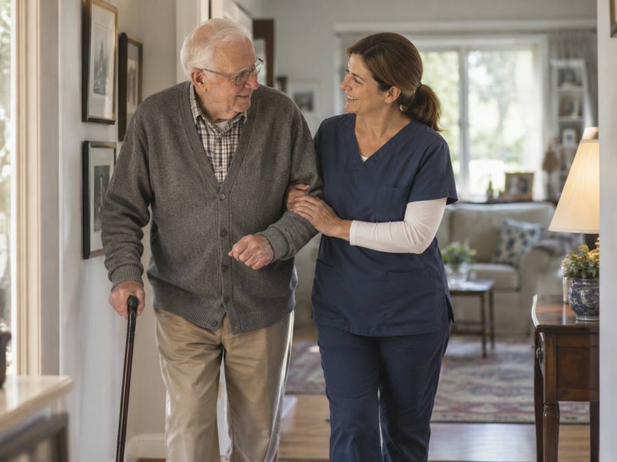 A home aide helping an older man walk safely through the house