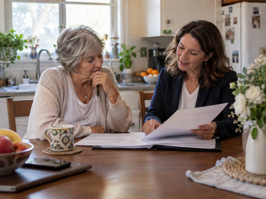 A family member reviewing care paperwork at the kitchen table with a supportive advisor